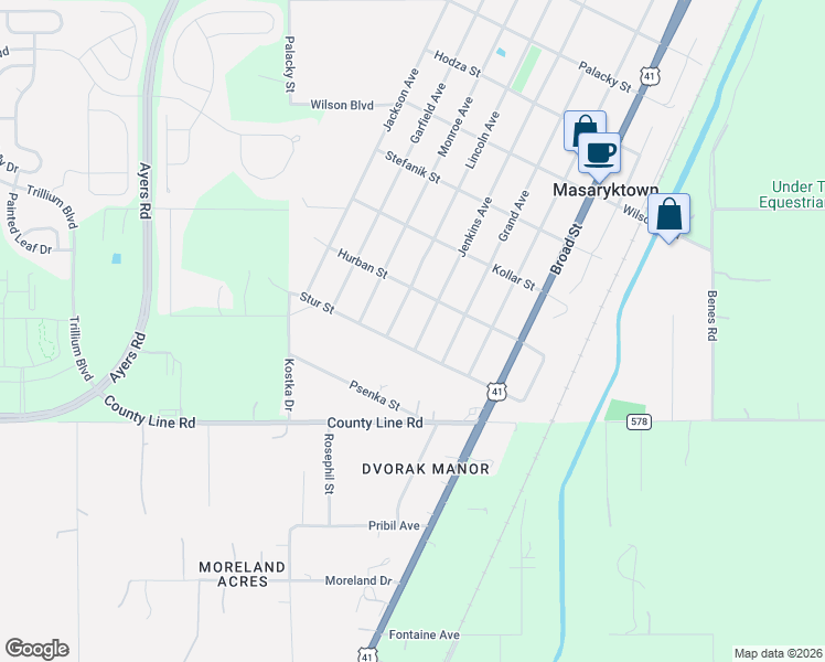 map of restaurants, bars, coffee shops, grocery stores, and more near 190 Jenkins Avenue in Masaryktown