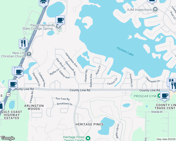 map of restaurants, bars, coffee shops, grocery stores, and more near 223 Planter Road in Spring Hill
