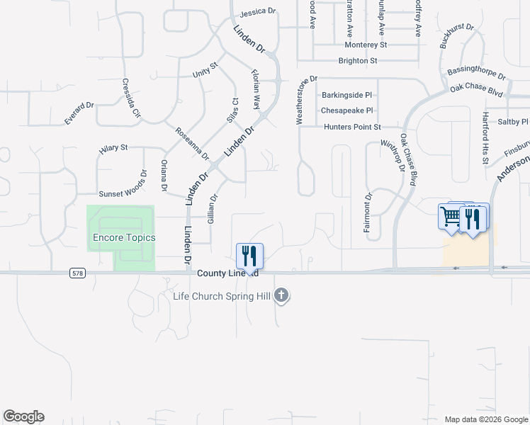 map of restaurants, bars, coffee shops, grocery stores, and more near 570 Hillshire Place in Spring Hill