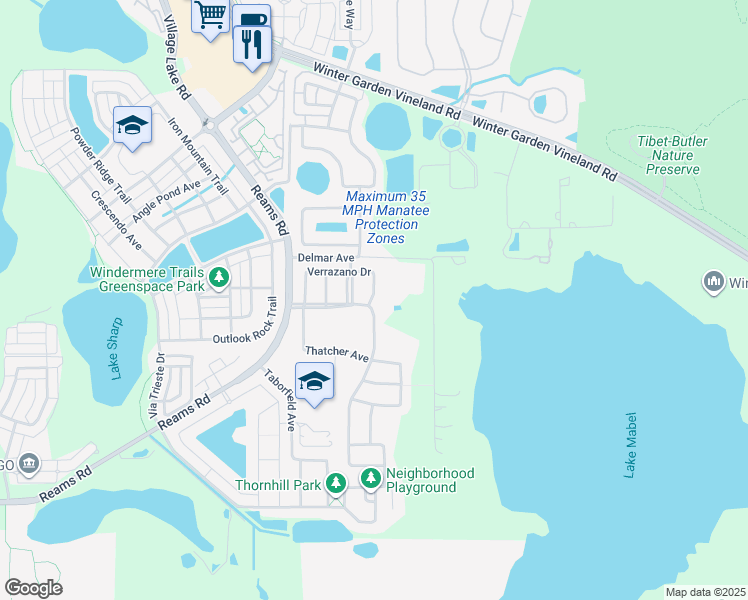 map of restaurants, bars, coffee shops, grocery stores, and more near 11701 Verrazano Drive in Orlando