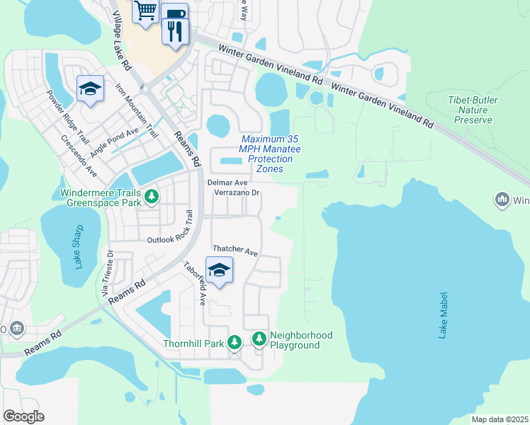 map of restaurants, bars, coffee shops, grocery stores, and more near 11701 Verrazano Drive in Orlando