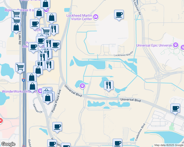 map of restaurants, bars, coffee shops, grocery stores, and more near 8000 Essex Point Circle in Orlando