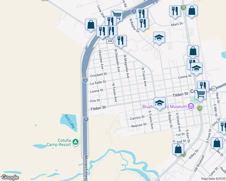 map of restaurants, bars, coffee shops, grocery stores, and more near 1203 Leona Street in Cotulla