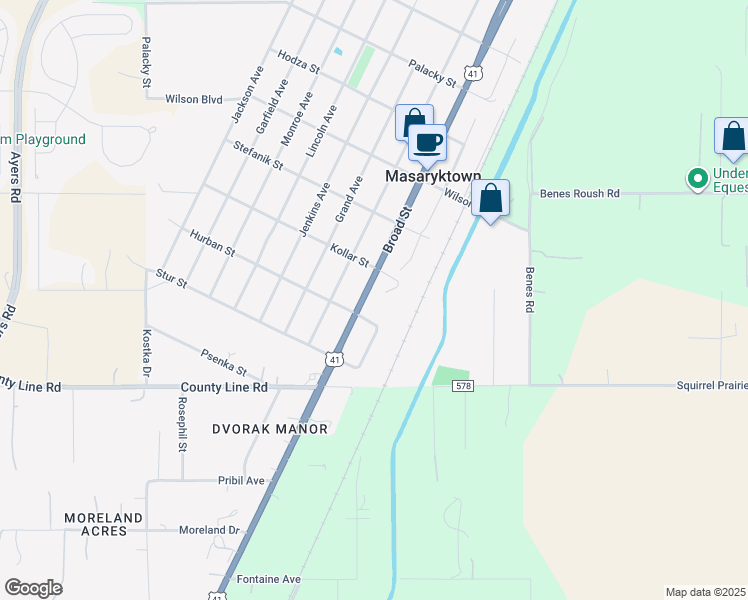 map of restaurants, bars, coffee shops, grocery stores, and more near 198 Broad Street in Masaryktown