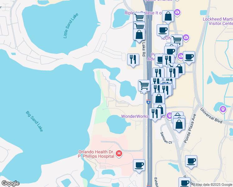 map of restaurants, bars, coffee shops, grocery stores, and more near 8837 Latrec Avenue in Orlando