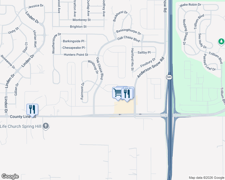 map of restaurants, bars, coffee shops, grocery stores, and more near 13601 Hunting Creek Place in Spring Hill
