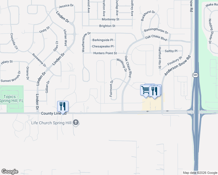 map of restaurants, bars, coffee shops, grocery stores, and more near 241 Fairmont Drive in Spring Hill