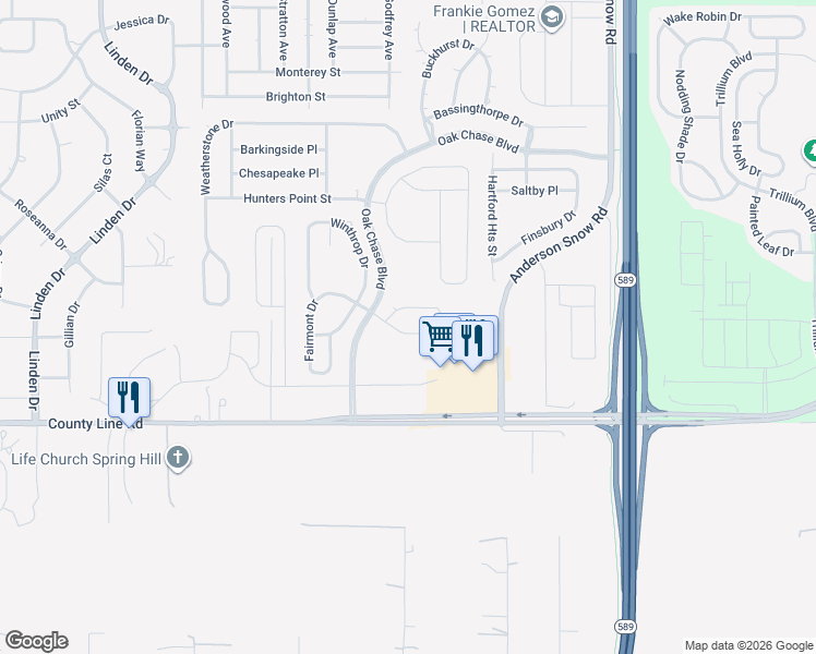 map of restaurants, bars, coffee shops, grocery stores, and more near 13601 Hunting Creek Place in Spring Hill