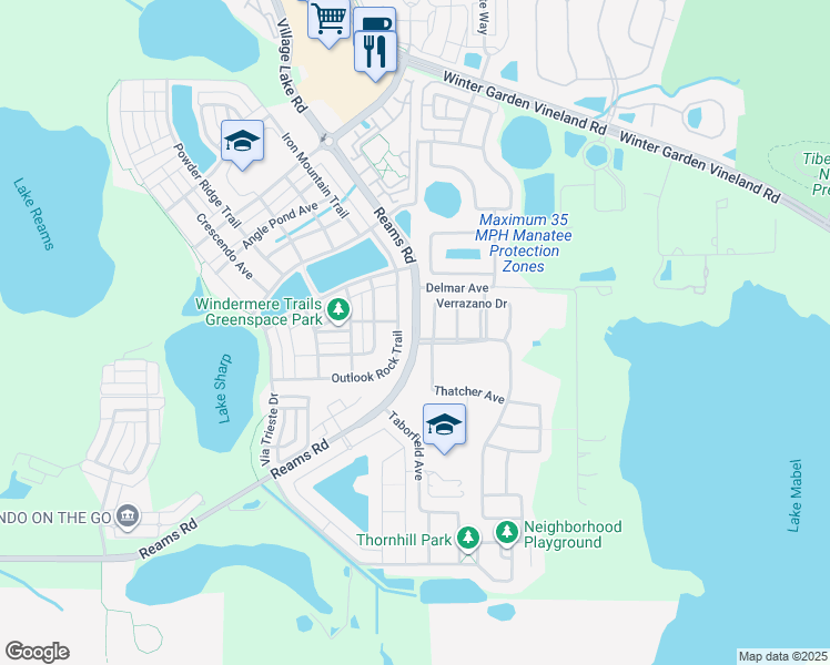 map of restaurants, bars, coffee shops, grocery stores, and more near 11918 Reams Road in Windermere