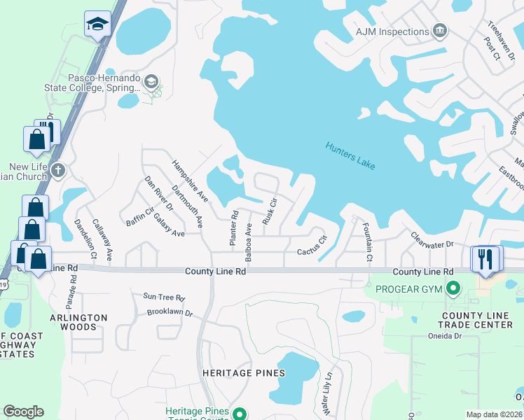 map of restaurants, bars, coffee shops, grocery stores, and more near 275 Planter Road in Spring Hill
