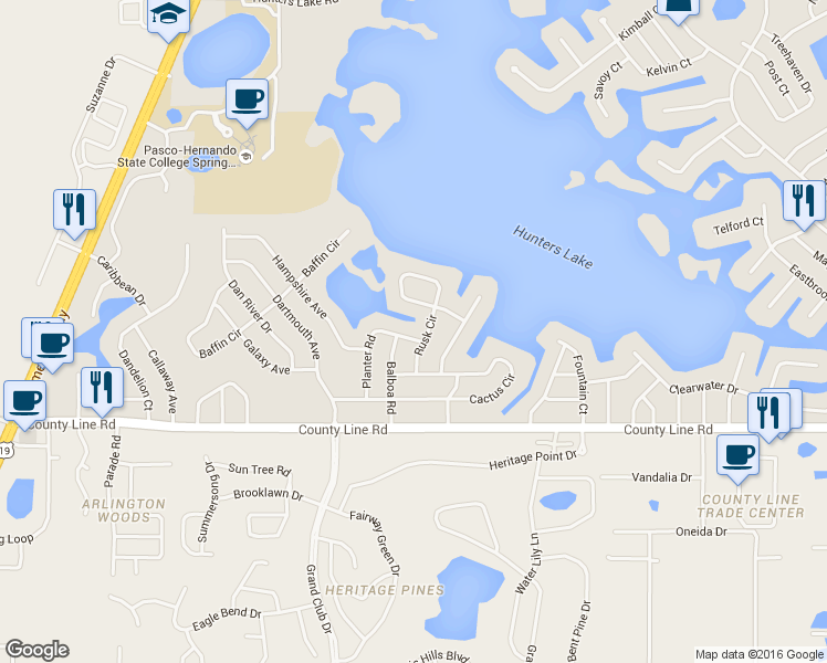 map of restaurants, bars, coffee shops, grocery stores, and more near 275 Planter Road in Spring Hill