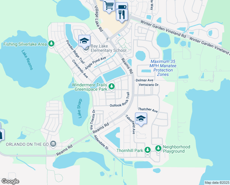 map of restaurants, bars, coffee shops, grocery stores, and more near Horizon Pointe Trail in Windermere