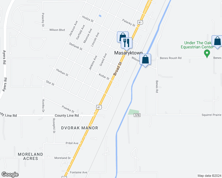 map of restaurants, bars, coffee shops, grocery stores, and more near 198 Broad Street in Masaryktown