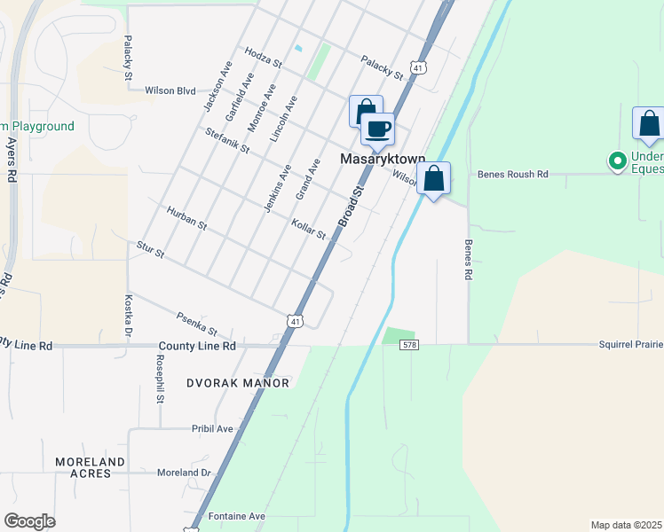 map of restaurants, bars, coffee shops, grocery stores, and more near 198 Broad Street in Masaryktown