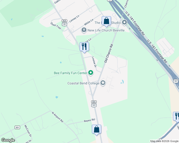 map of restaurants, bars, coffee shops, grocery stores, and more near 4101 North Saint Marys Street in Beeville