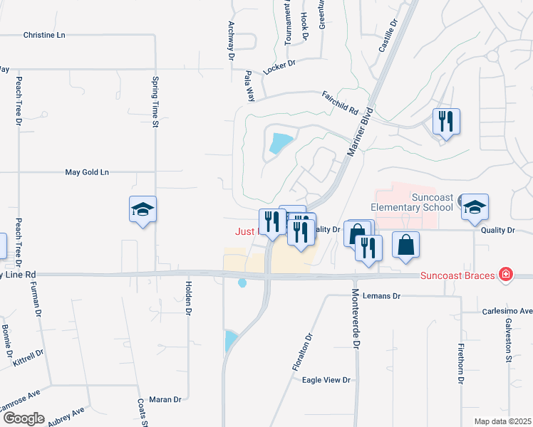 map of restaurants, bars, coffee shops, grocery stores, and more near 225 Mariner Boulevard in Spring Hill