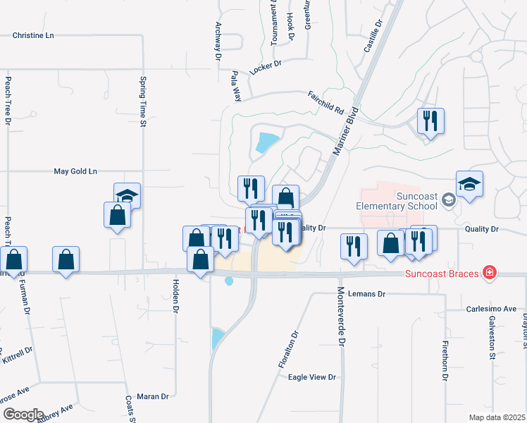 map of restaurants, bars, coffee shops, grocery stores, and more near 225 Mariner Boulevard in Spring Hill
