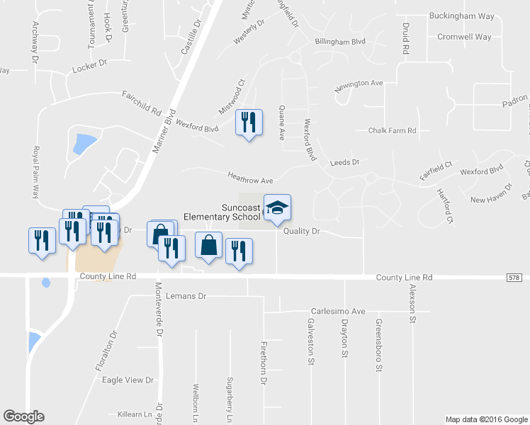 map of restaurants, bars, coffee shops, grocery stores, and more near 11135 Quality Drive in Spring Hill