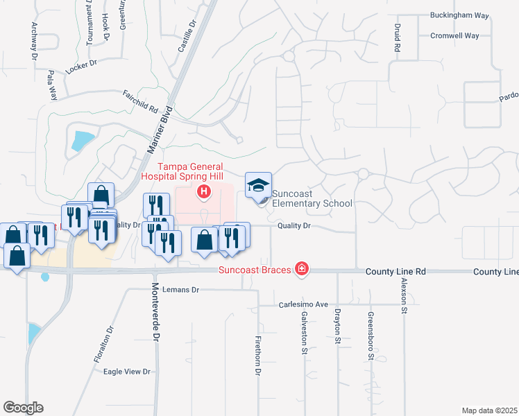 map of restaurants, bars, coffee shops, grocery stores, and more near 11135 Quality Drive in Spring Hill