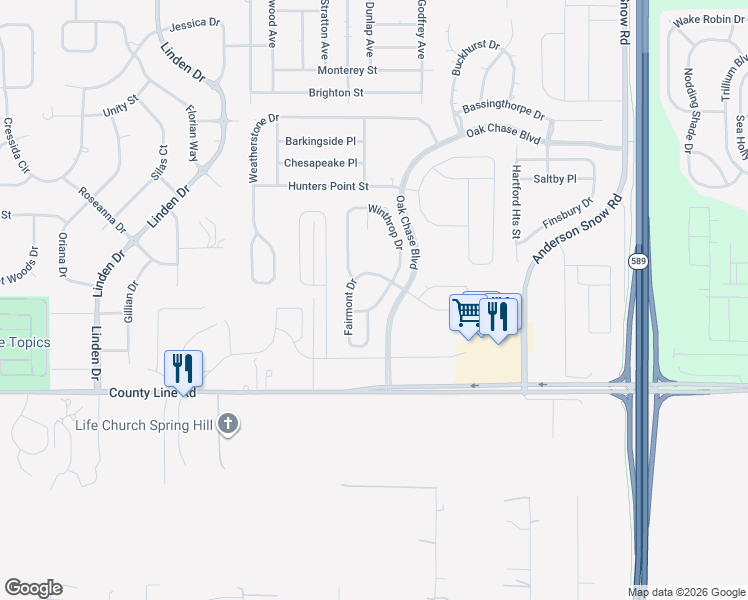 map of restaurants, bars, coffee shops, grocery stores, and more near 283 Winthrop Drive in Spring Hill