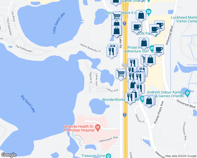 map of restaurants, bars, coffee shops, grocery stores, and more near 8837 Latrec Avenue in Orlando