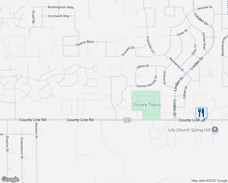 map of restaurants, bars, coffee shops, grocery stores, and more near 199 Forest Wood Court in Spring Hill