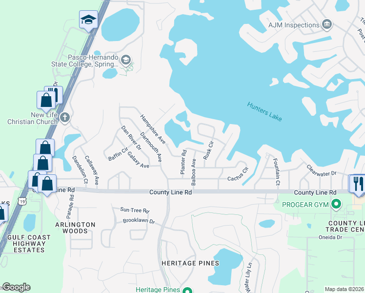 map of restaurants, bars, coffee shops, grocery stores, and more near 223 Planter Road in Spring Hill