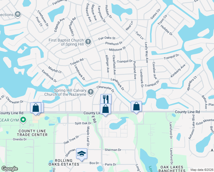 map of restaurants, bars, coffee shops, grocery stores, and more near 7225 Clearwater Drive in Spring Hill