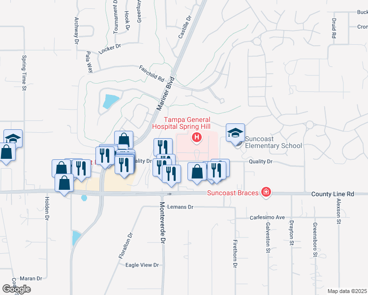 map of restaurants, bars, coffee shops, grocery stores, and more near 10441 Quality Drive in Spring Hill