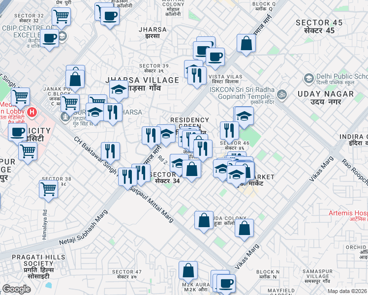 map of restaurants, bars, coffee shops, grocery stores, and more near 1531 Samaspur Tigra Road in Gurugram