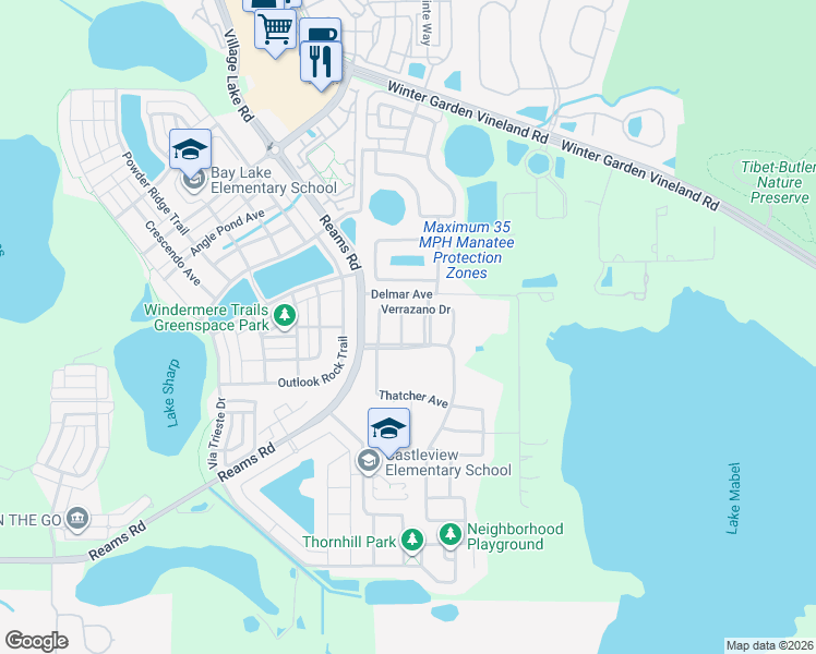 map of restaurants, bars, coffee shops, grocery stores, and more near 11845 Chateaubriand Avenue in Orlando
