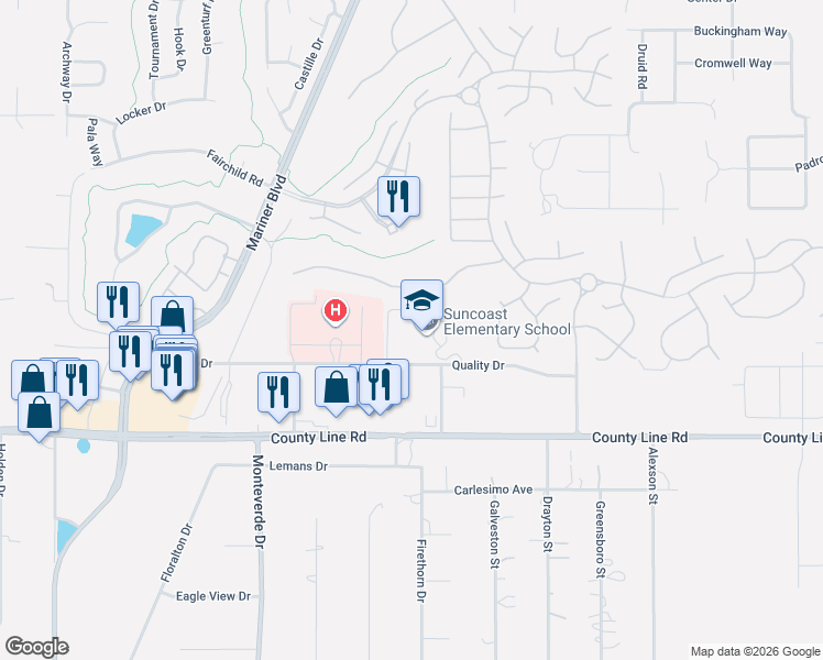 map of restaurants, bars, coffee shops, grocery stores, and more near 11135 Quality Drive in Spring Hill