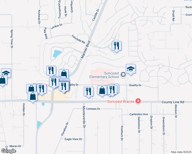 map of restaurants, bars, coffee shops, grocery stores, and more near 10441 Quality Drive in Spring Hill
