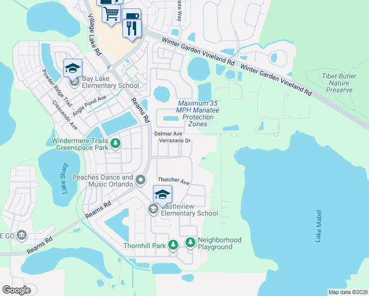 map of restaurants, bars, coffee shops, grocery stores, and more near 11813 Chateaubriand Avenue in Orlando