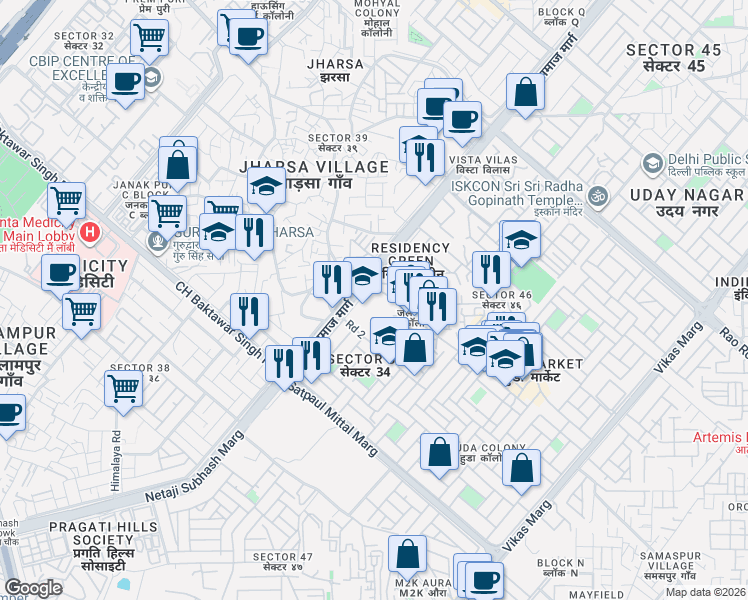 map of restaurants, bars, coffee shops, grocery stores, and more near 1531 Samaspur Tigra Road in Gurgaon