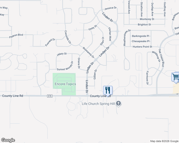 map of restaurants, bars, coffee shops, grocery stores, and more near 14717 Linden Drive in Spring Hill