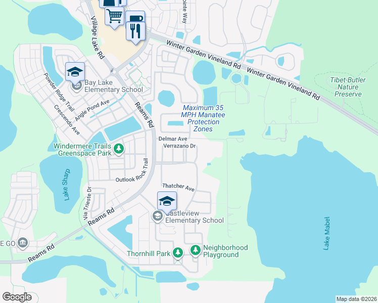 map of restaurants, bars, coffee shops, grocery stores, and more near 11813 Chateaubriand Avenue in Orlando