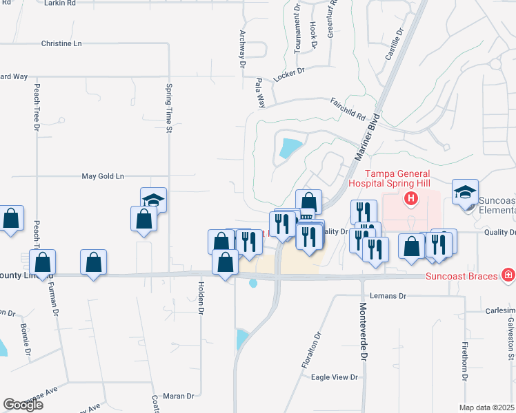 map of restaurants, bars, coffee shops, grocery stores, and more near 228 Royal Palm Way in Spring Hill