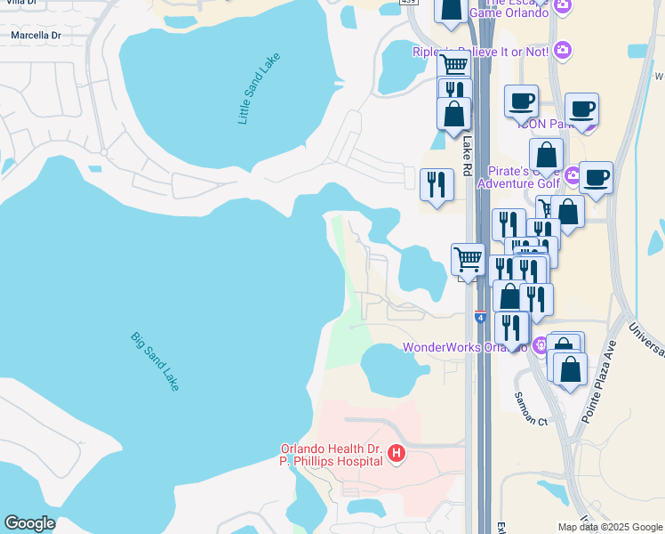 map of restaurants, bars, coffee shops, grocery stores, and more near 9124 Ogilvie Drive in Orlando