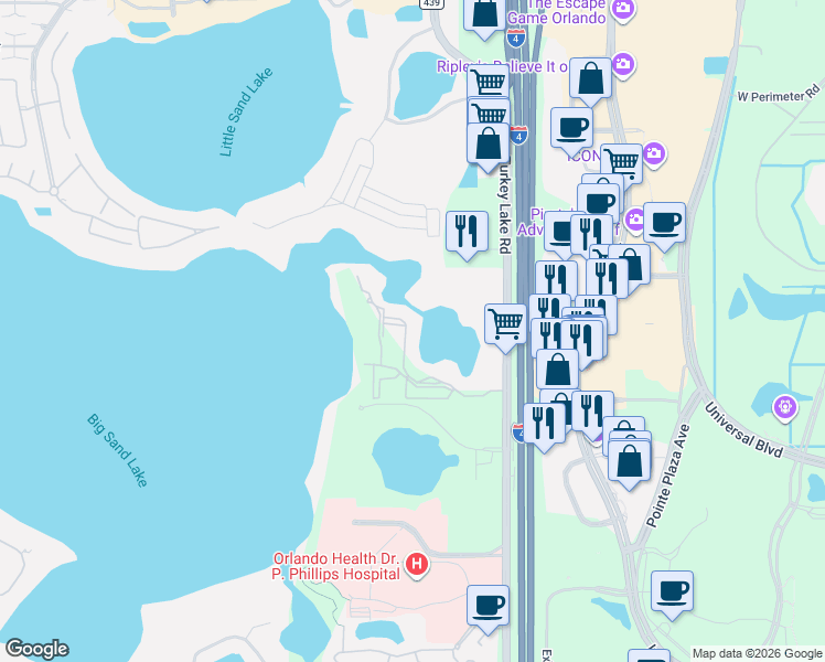 map of restaurants, bars, coffee shops, grocery stores, and more near 8837 Latrec Avenue in Orlando