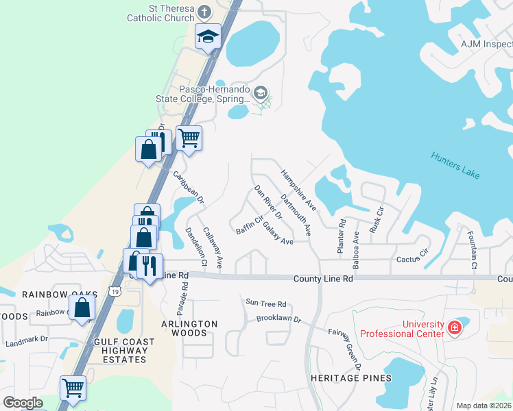 map of restaurants, bars, coffee shops, grocery stores, and more near 5341 Baffin Circle in Spring Hill