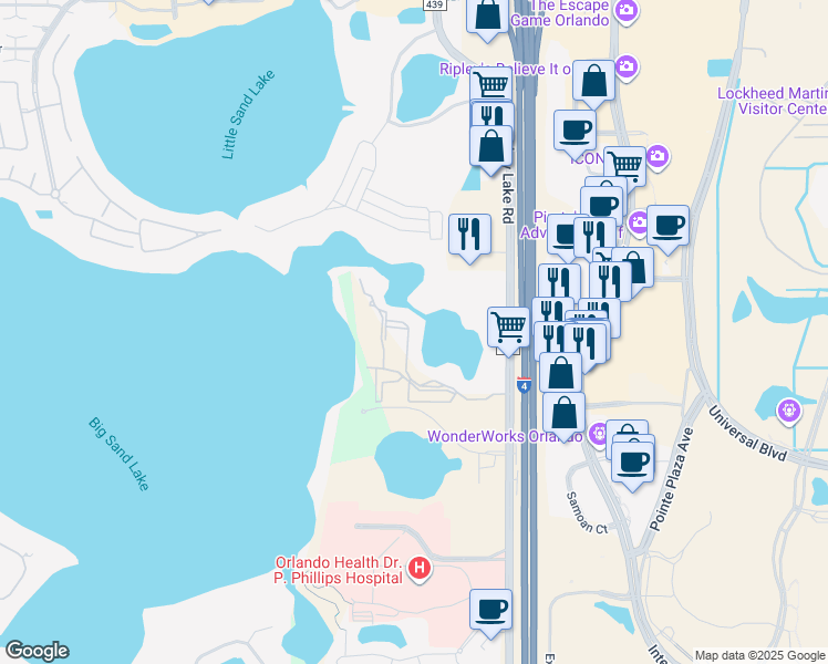 map of restaurants, bars, coffee shops, grocery stores, and more near 8825 Latrec Avenue in Orlando