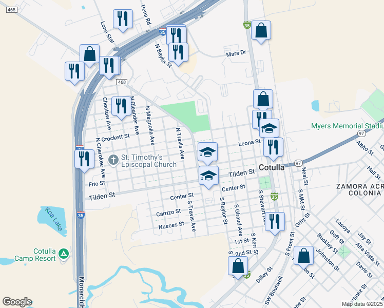 map of restaurants, bars, coffee shops, grocery stores, and more near 401 North Leonard Avenue in Cotulla