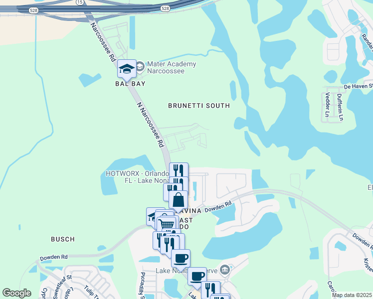 map of restaurants, bars, coffee shops, grocery stores, and more near 8810 Albury Drive in Orlando
