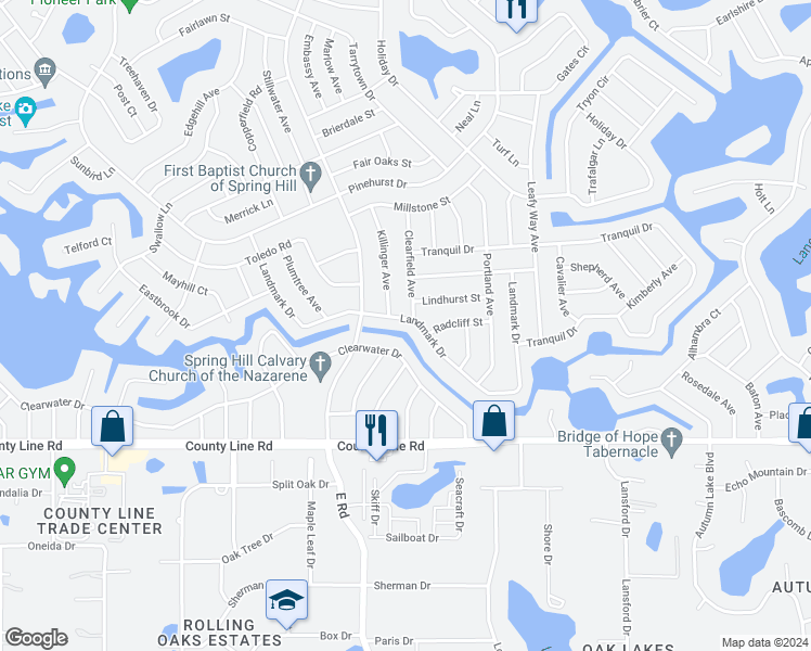 map of restaurants, bars, coffee shops, grocery stores, and more near 7320 Landmark Drive in Spring Hill