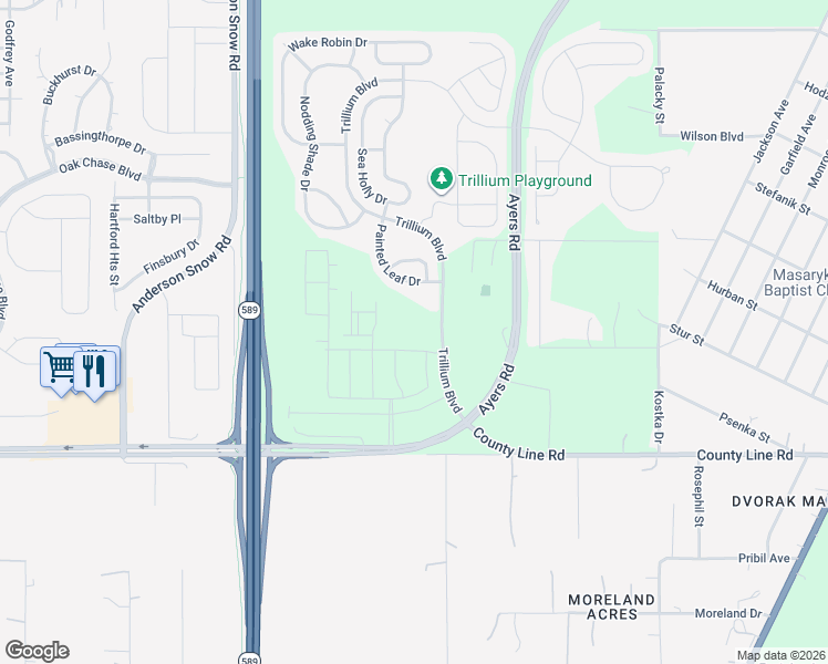 map of restaurants, bars, coffee shops, grocery stores, and more near 417 Trillium Boulevard in Brooksville