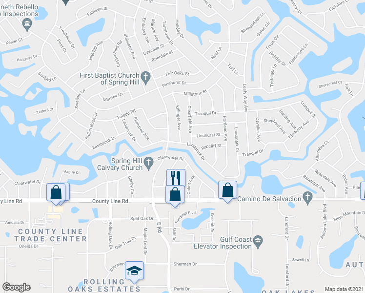 map of restaurants, bars, coffee shops, grocery stores, and more near 7304 Landmark Drive in Spring Hill