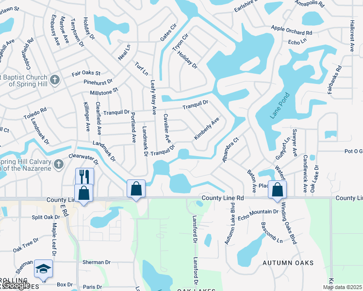 map of restaurants, bars, coffee shops, grocery stores, and more near 8320 Tranquil Dr in Spring Hill