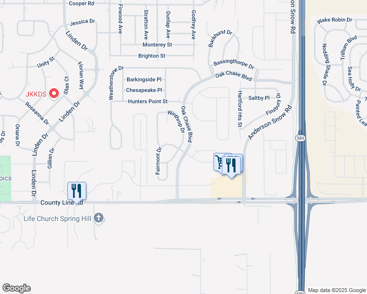 map of restaurants, bars, coffee shops, grocery stores, and more near 374 Winthrop Drive in Spring Hill