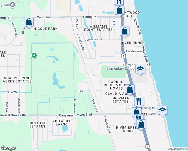 map of restaurants, bars, coffee shops, grocery stores, and more near 6567 Marble Road in Cocoa